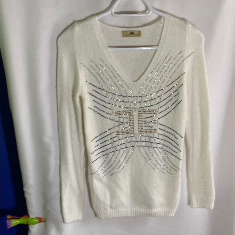 Elisabetta Franchi Elegant Angora White Sweater with Silver Stones, Size Medium